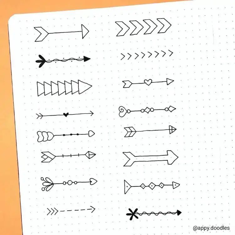 Sixteen different arrow doodle designs to enhance organization and aesthetics in bullet journals.