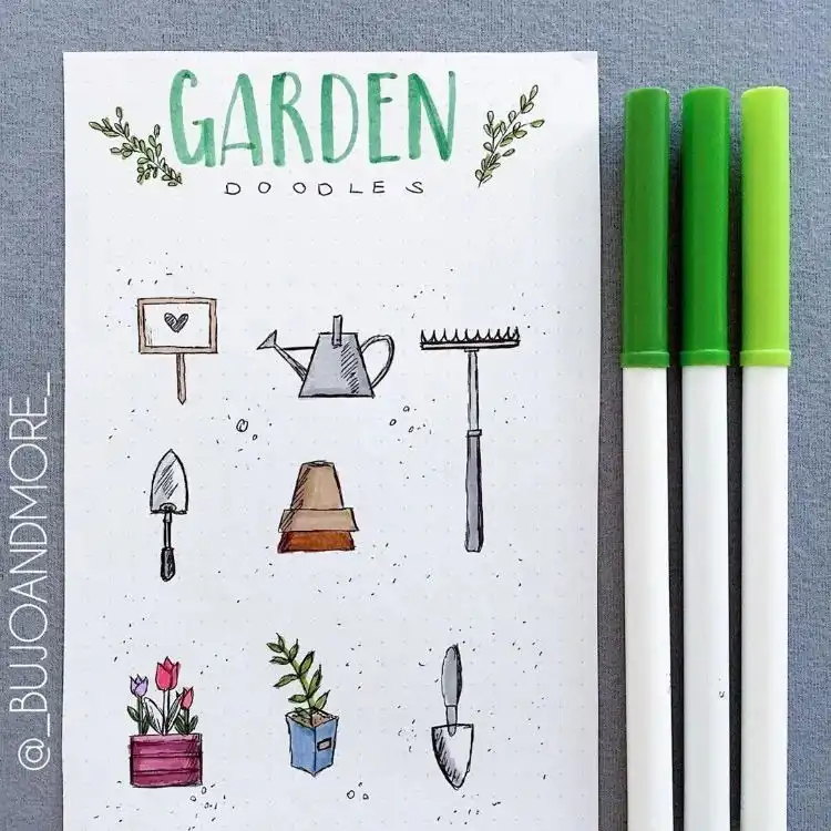 Garden-themed doodles featuring watering cans, flowers, and garden tools for nature-inspired bullet journal spreads.