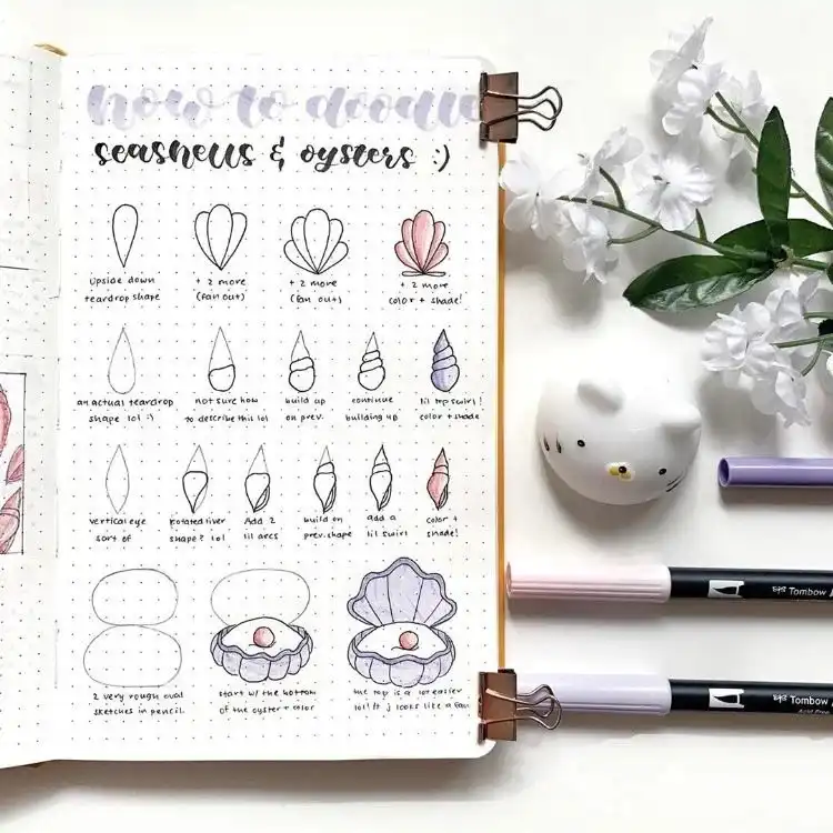 Detailed tutorial on how to draw seashells and oysters, capturing their intricate ocean animal forms.