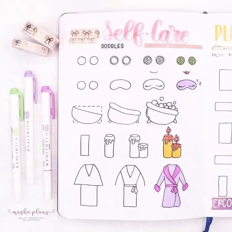 Self-care themed doodles like a bubble bath, robe, and candles for mindful bullet journal spreads.