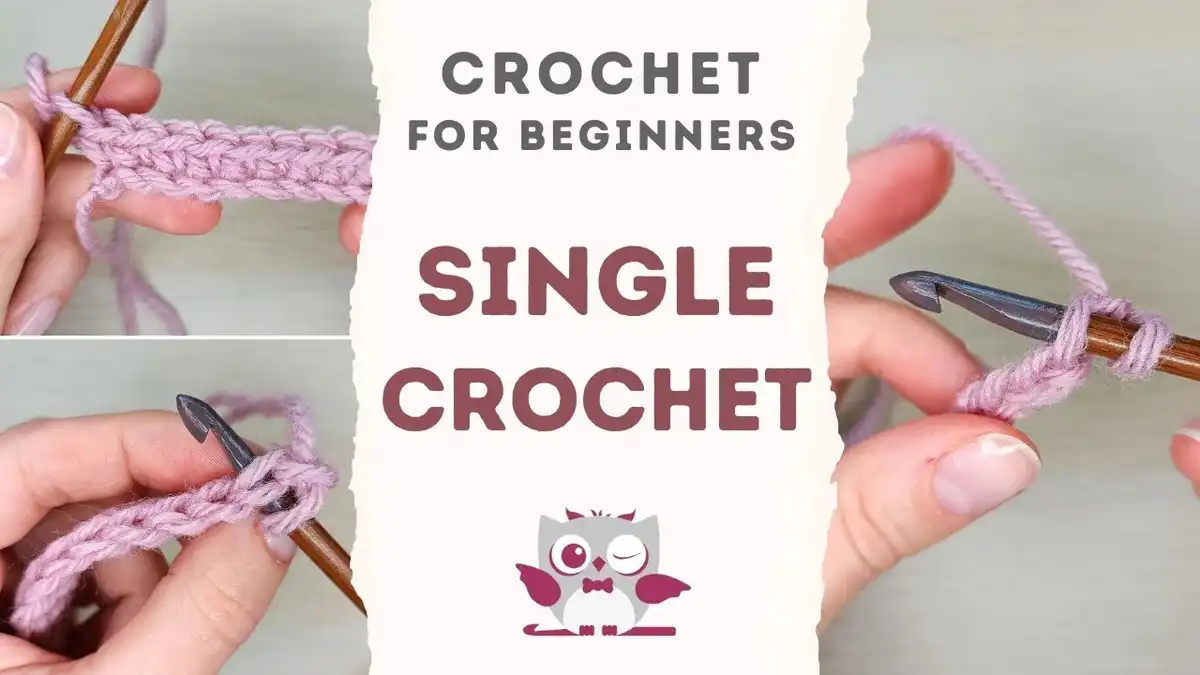 A close-up view of hands holding a crochet hook and yarn, demonstrating how to single crochet a swatch of fabric.