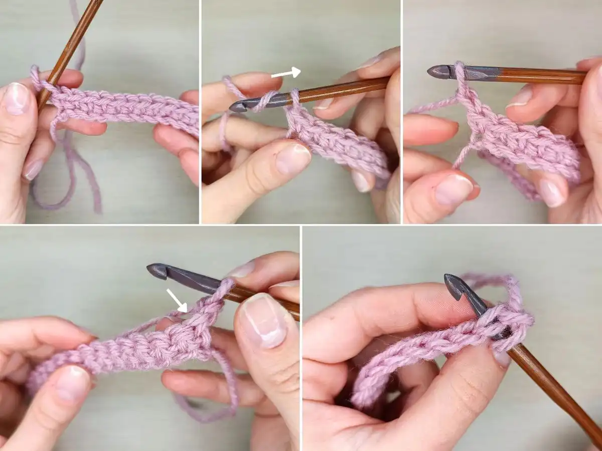 Illustration depicting the turning chain for a single crochet stitch and how to begin the second row with clear stitch placement.