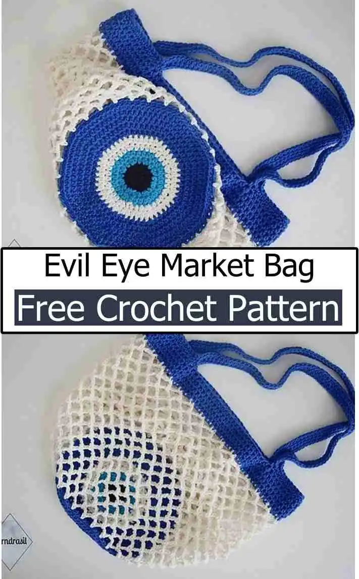 Close-up of an Evil Eye Market Bag crocheted in blue, white, black, and gold worsted weight yarn, ready for shopping.