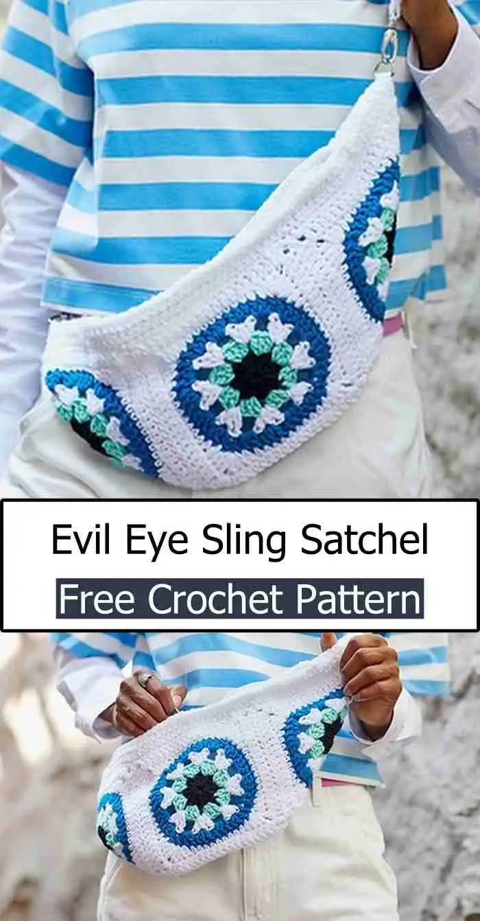 A detailed view of an Evil Eye Sling Satchel, highlighting its cultural charm and practical design in worsted weight yarn.