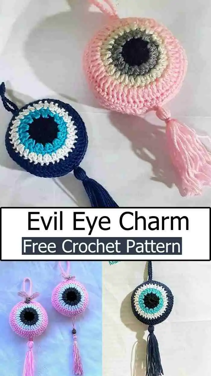 A small, perfectly shaped Evil Eye Charm crocheted with fine yarn, ideal for accessories or keychains.