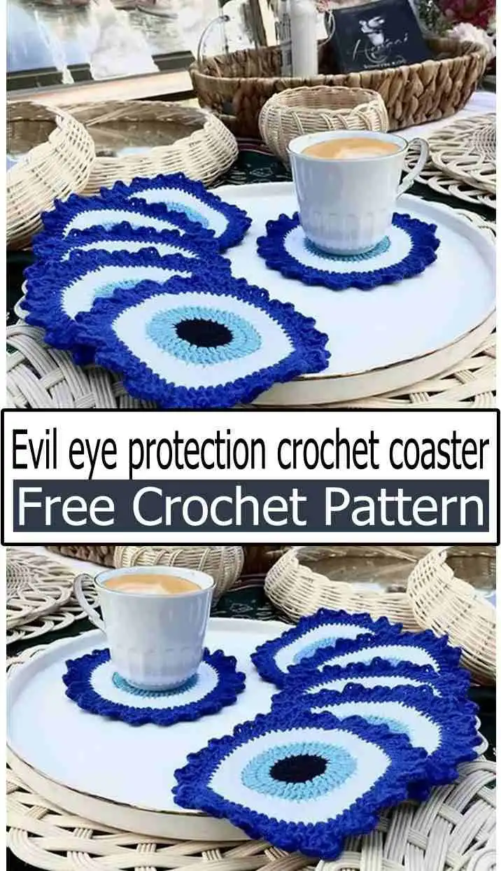 A vibrant Evil Eye Protection Crochet Coaster made with cotton-acrylic yarn in blues and white, placed on a table.