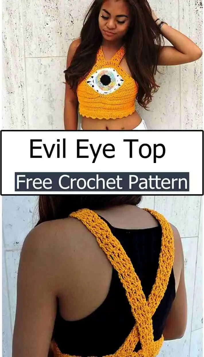 A stylish Evil Eye Top, a crochet halter crop top featuring the prominent evil eye motif on the front.