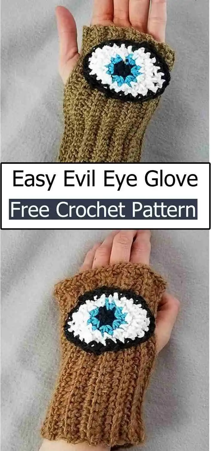 A comfortable and stretchy Easy Evil Eye Glove crocheted in worsted weight yarn, showing the motif on the back of the hand.