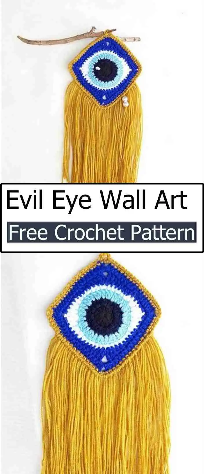 An Evil Eye Wall Art piece made from crochet in navy, beige, and black yarns, hanging on a wooden stick.