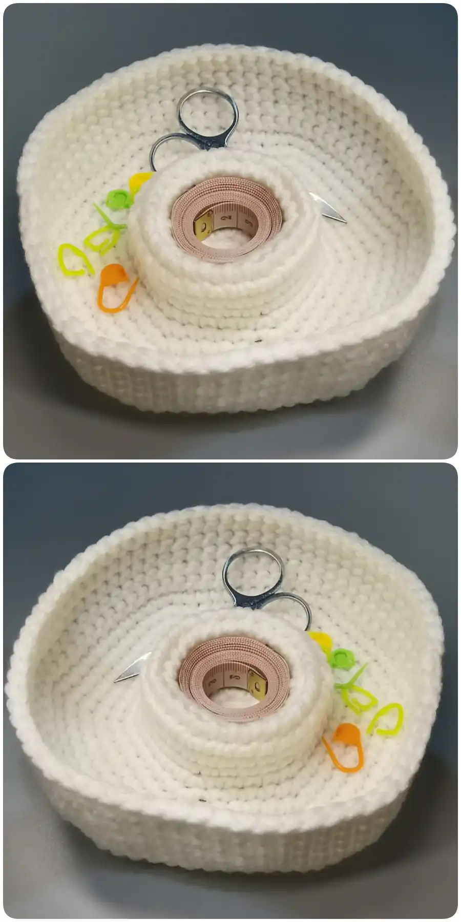 A simple and functional Crochet Dishwell Tray, ideal for holding keys or small essentials in an entryway.