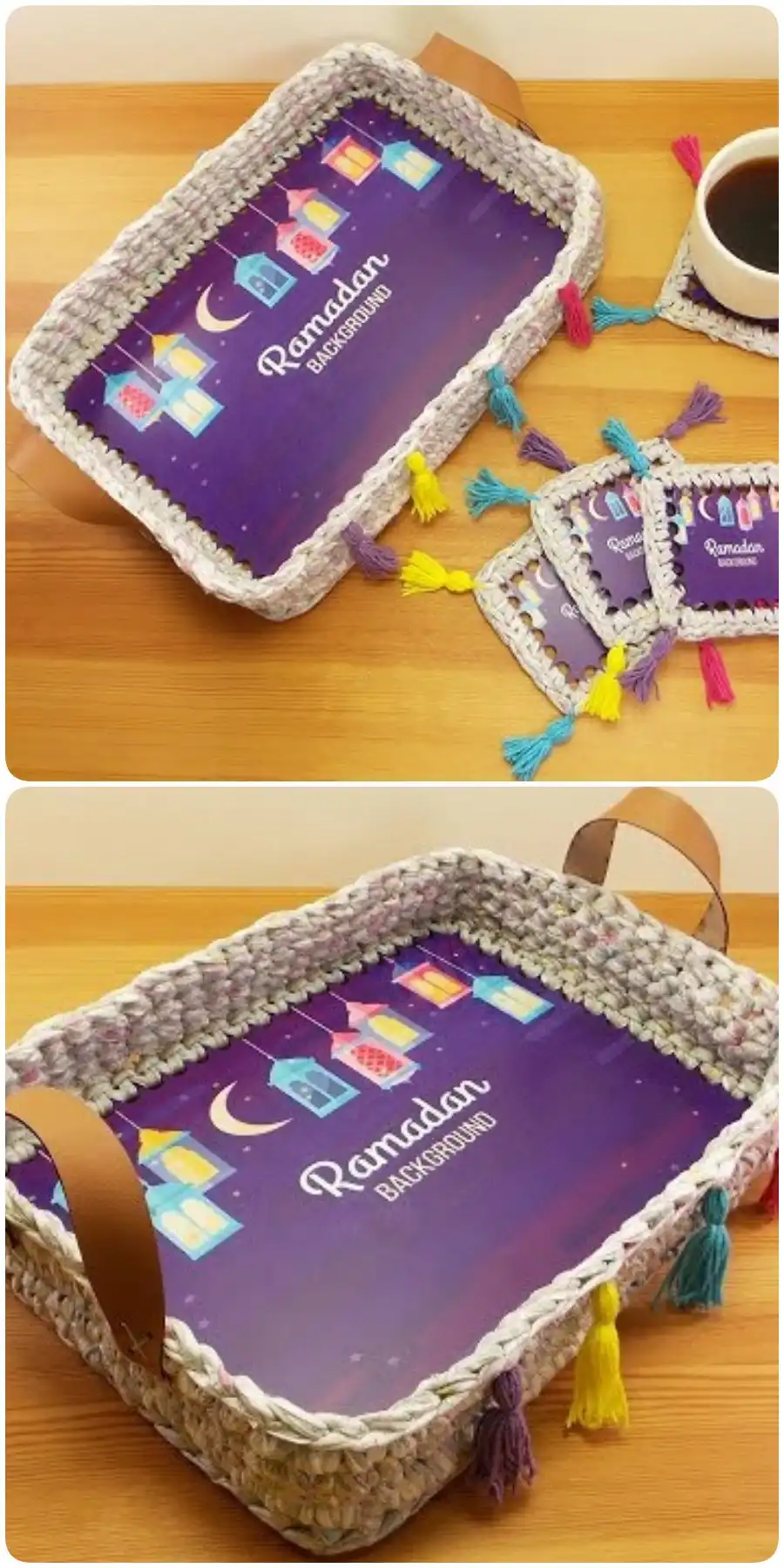 A unique Crochet Tray With Wooden Base, highlighting the seamless integration of crocheted yarn with a sturdy wooden foundation.