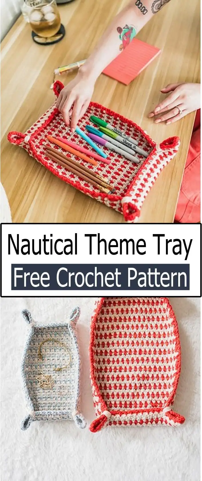 A set of crochet tri-color trays in contrasting shades, highlighting their versatility for organization and decor.
