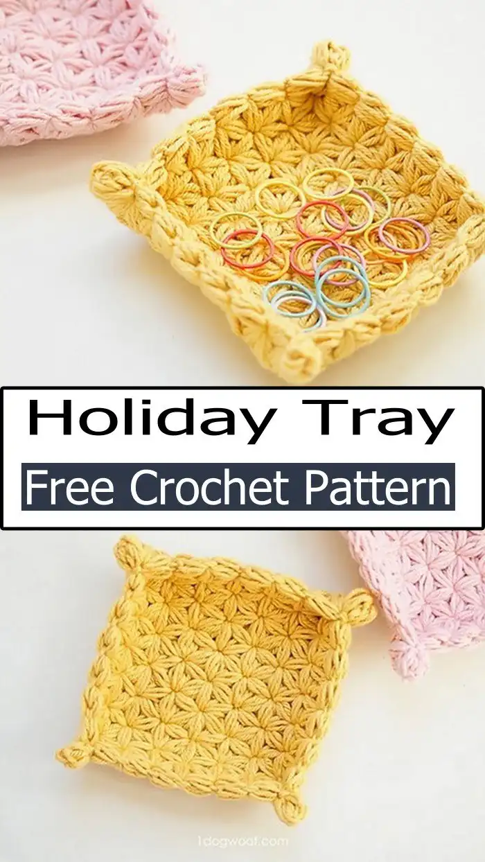 A festive crochet holiday tray adorned with seasonal patterns and colors, ready for treats or decorations.