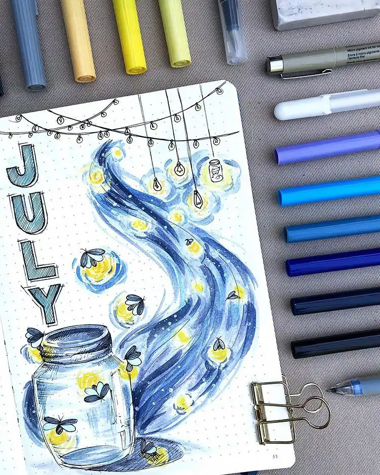 July Bullet Journal Cover Page Ideas 13 Magical fireflies in a mason jar on a July bullet journal cover page.