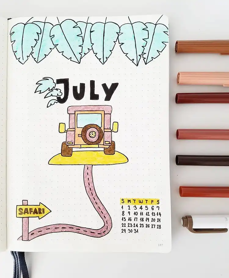 July Bullet Journal Cover Page Ideas 15 Safari and jeep adventure theme for a July bullet journal cover page.