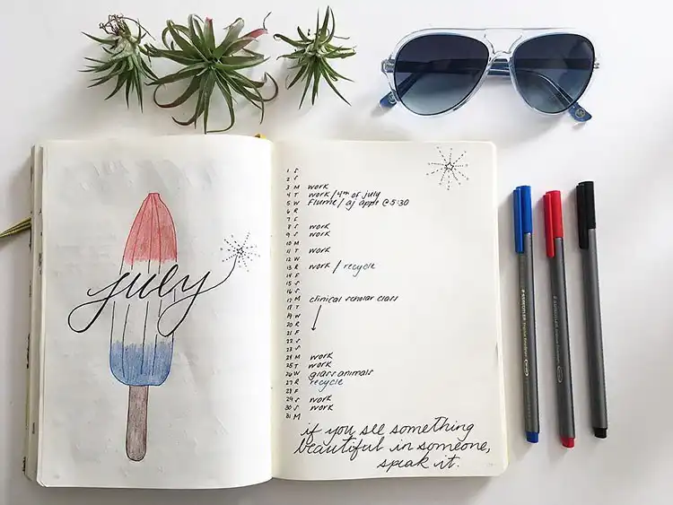 July Bullet Journal Cover Page Ideas 16 Red, white, and blue popsicle design for a patriotic July bullet journal cover.
