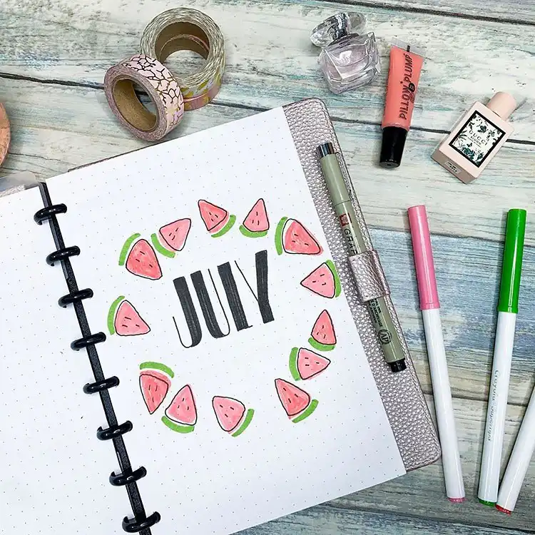 July Bullet Journal Cover Page Ideas 18 Sweet watermelon slices on a simple yet stunning July bullet journal cover.