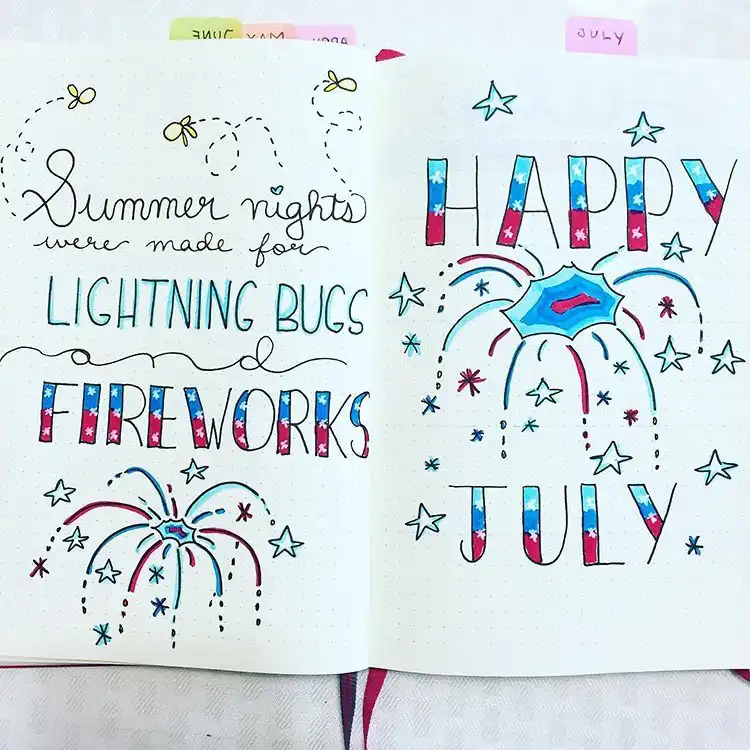 July Bullet Journal Cover Page Ideas 21 'Happy July' cover with a lightning bug design and summer quote.