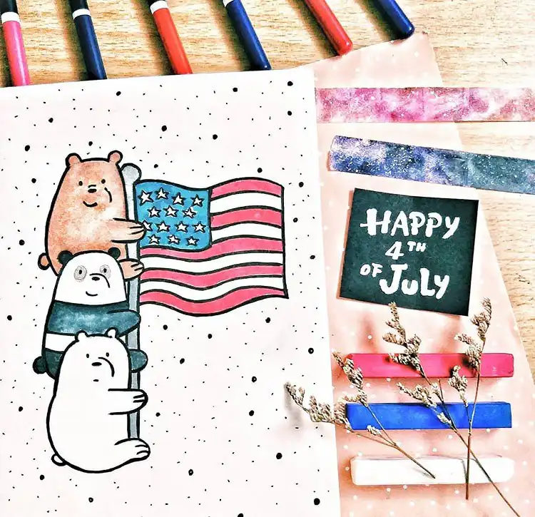 July Bullet Journal Cover Page Ideas 22 Creative design of three bears on a flag pole for a July bullet journal.