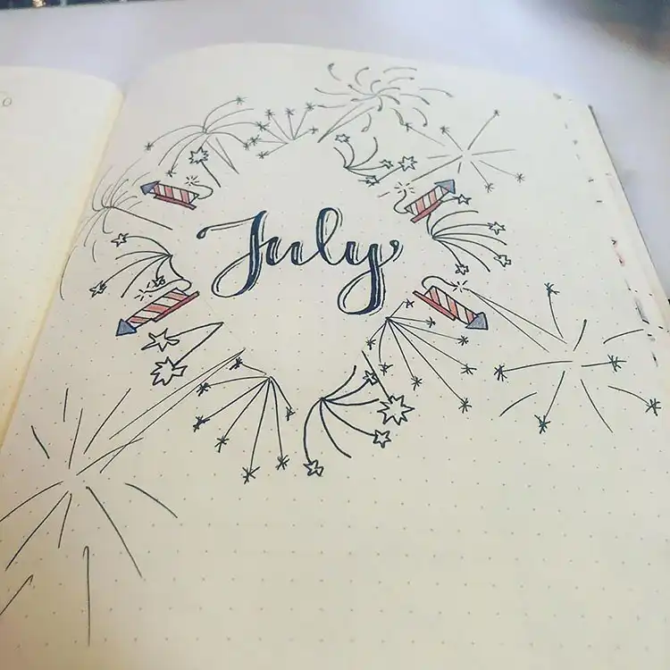 July Bullet Journal Cover Page Ideas 23 Diamond-shaped fireworks border on a July bullet journal cover page.
