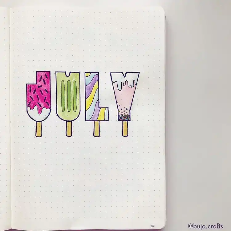 July Bullet Journal Cover Page Ideas 24 Simple summertime popsicles on a July bullet journal cover page, evoking hot days.