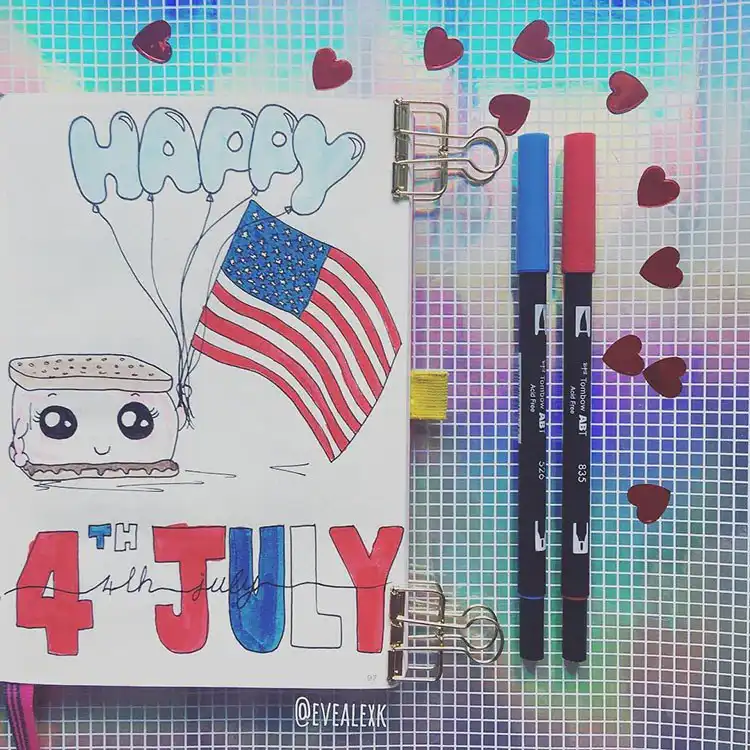 July Bullet Journal Cover Page Ideas 4 Cute s'mores doodle on a 'Happy July' bullet journal cover page.