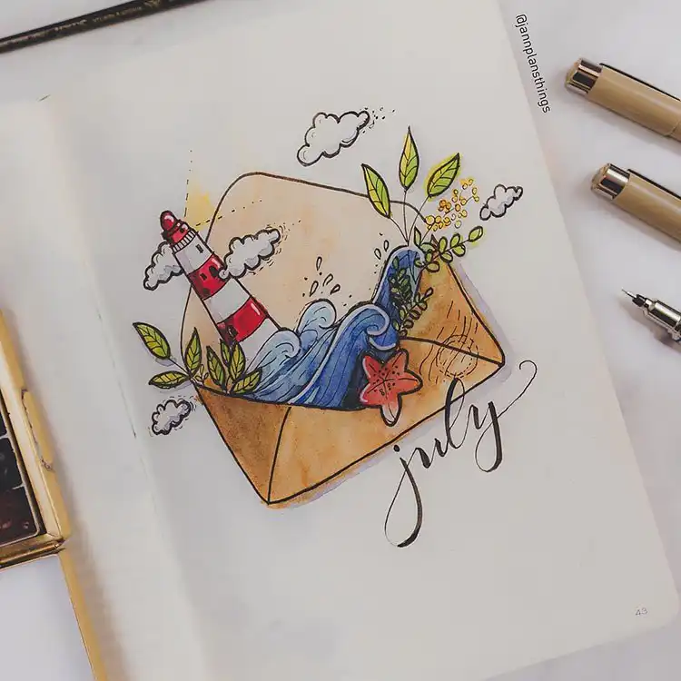 July Bullet Journal Cover Page Ideas 6 Stunning lighthouse and ocean scene on a July bullet journal cover page.