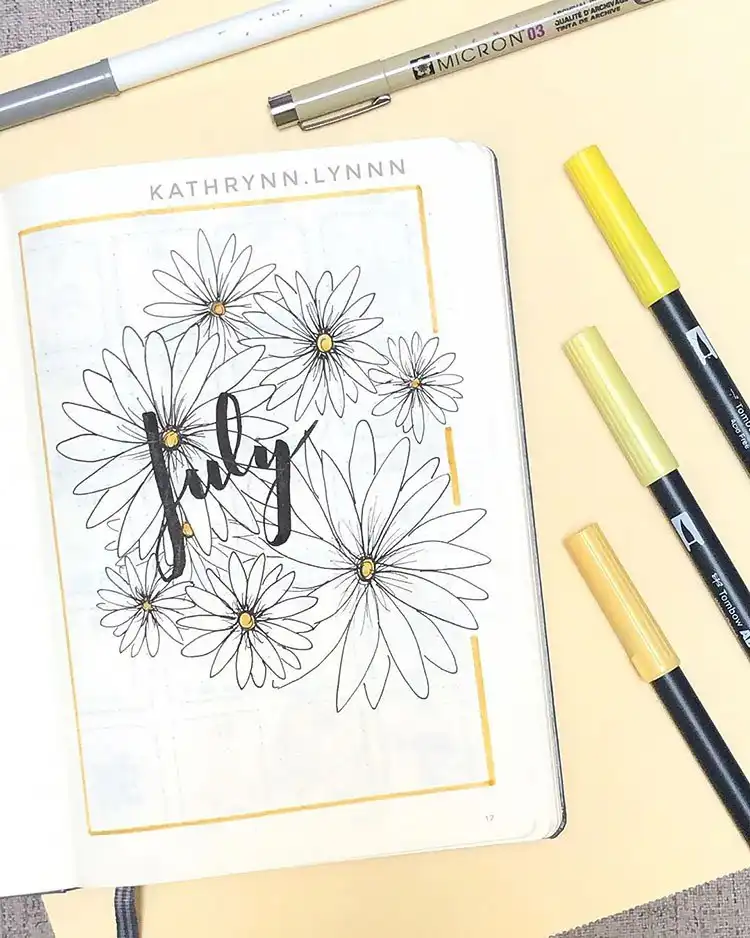 July Bullet Journal Cover Page Ideas 7 Minimalist July bullet journal cover page with elegant flower outlines.