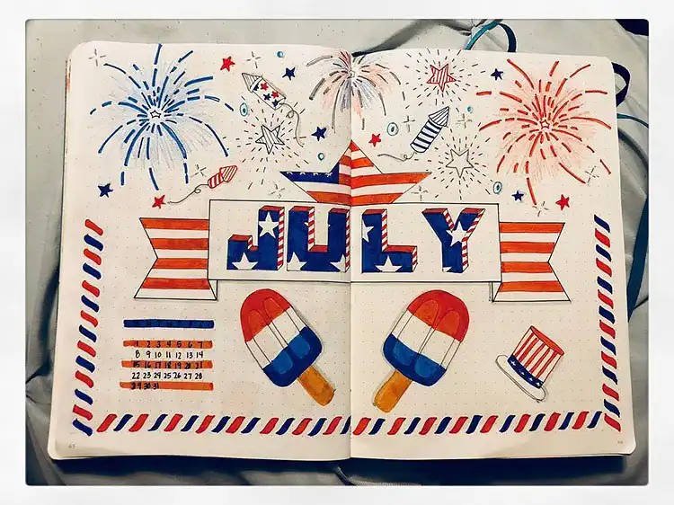July Bullet Journal Cover Page Ideas 8 Fourth of July themed bullet journal cover with popsicles and fireworks.