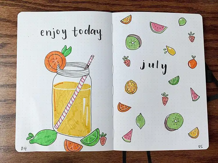 July Bullet Journal Cover Page Ideas 9 Refreshing lemonade and summer fruits on a July bullet journal spread.