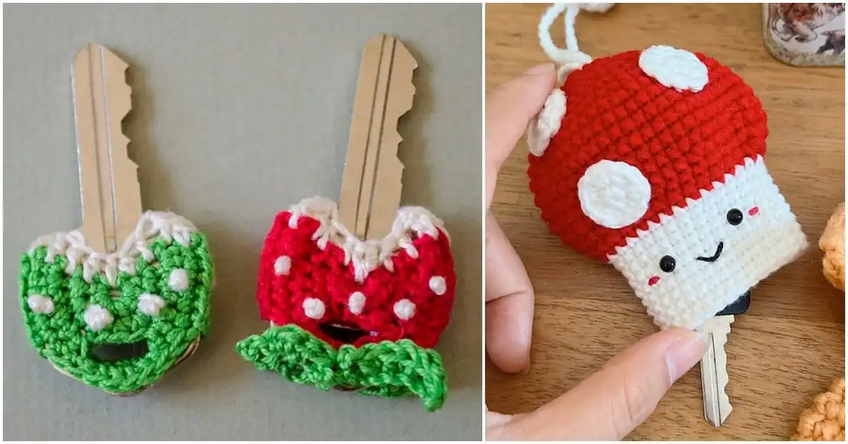 A vibrant collection of unique crocheted key covers, showcasing various adorable and practical designs, including Key Cover Free Crochet Patterns.