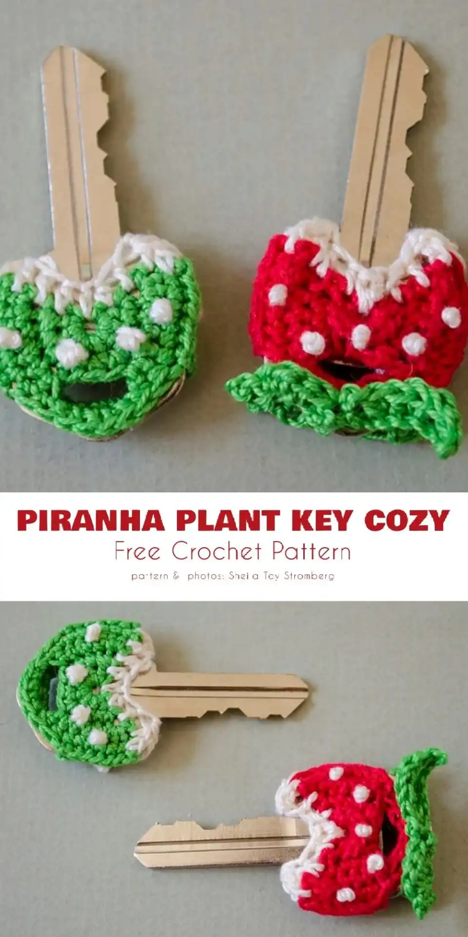 A close-up of a crocheted Piranha Plant key cover with red, green, white, and black yarn details, ready for a gamer's keys, a fun example of Key Cover Free Crochet Patterns.
