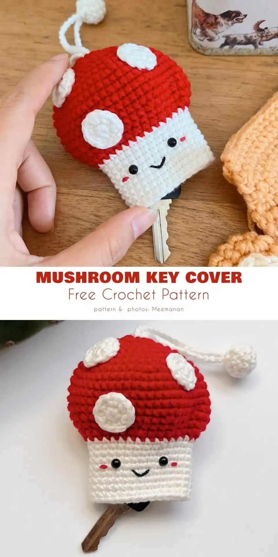 A delightful crocheted mushroom key cover featuring a red cap with white spots and a cream stem, adding whimsy to a keyring, illustrating Key Cover Free Crochet Patterns.