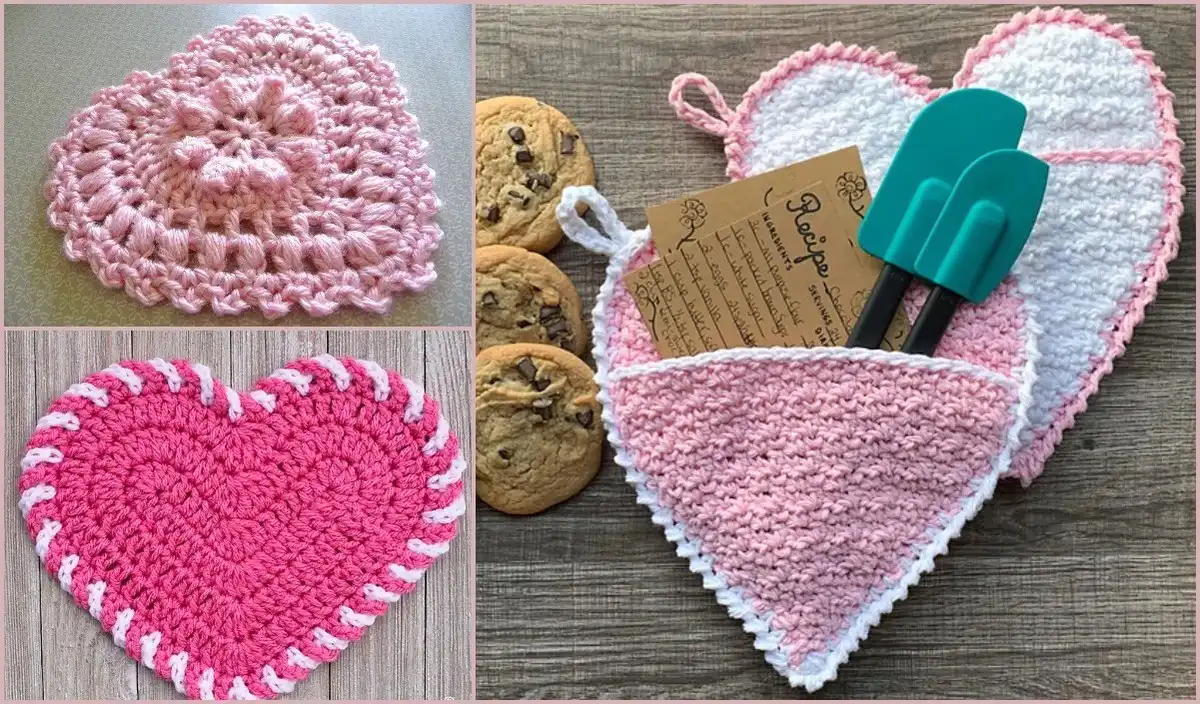 Kitchen fun with love Free Crochet Patterns 1 Collection of love-themed crochet kitchen accessories, including heart dishcloths and potholders, showcasing kitchen fun with love free crochet patterns.