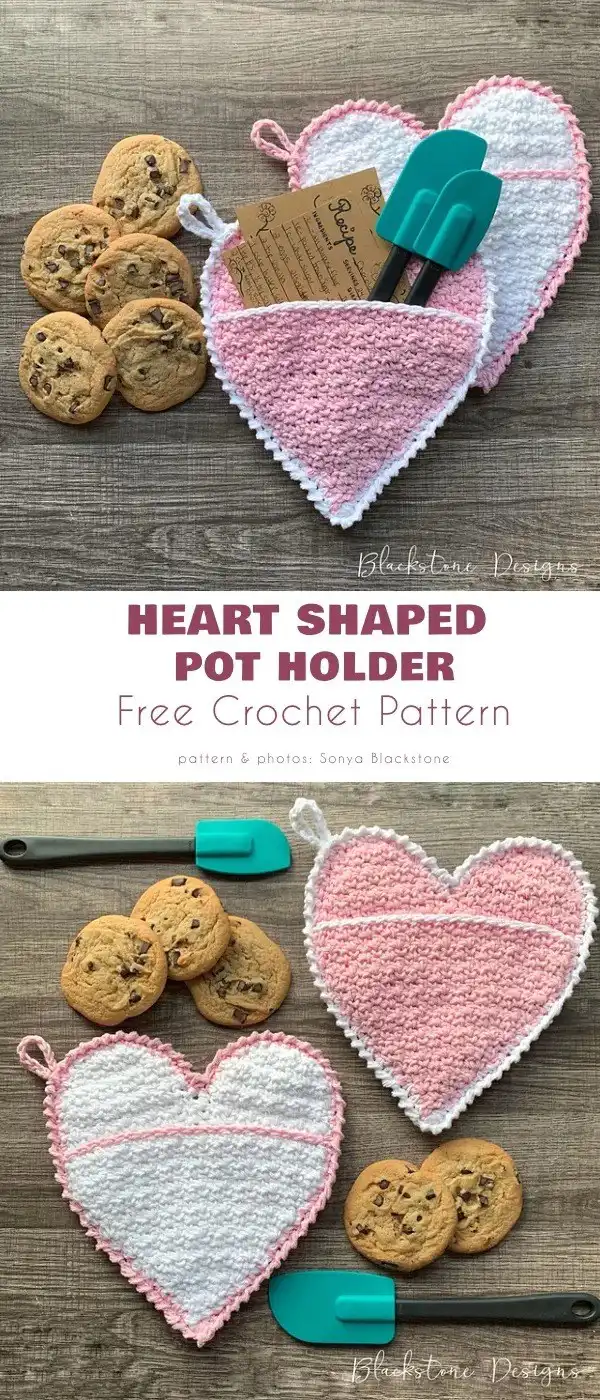 Kitchen fun with love Free Crochet Patterns 3 Red crochet heart-shaped potholder with a practical pocket design, embodying kitchen fun with love free crochet patterns.