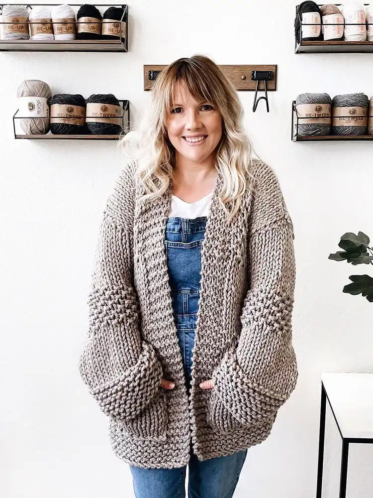 Generously sized Truro Cardigan, a go-to winter sweater for warmth and comfort.