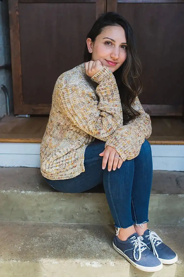 Beautiful Remington Cardigan knitted with medium-weight cotton yarn, an intermediate pattern.