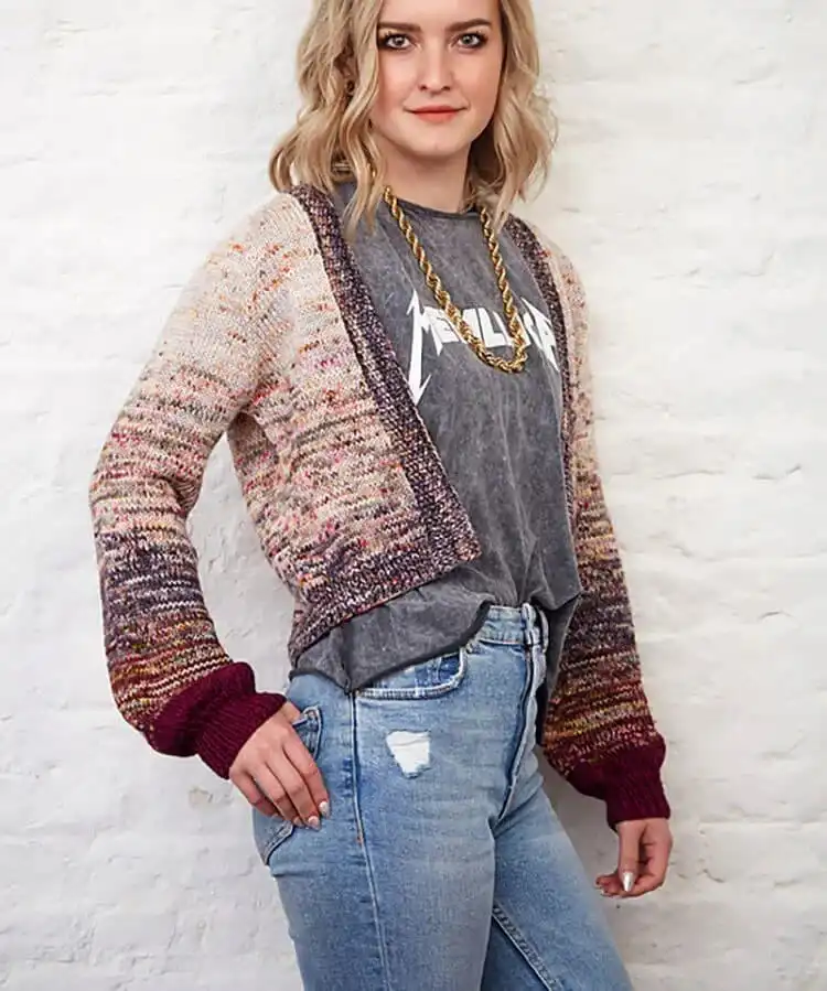 Simple top-down stockinette Le Pouf Cardigan, allowing creative yarn choices to shine.