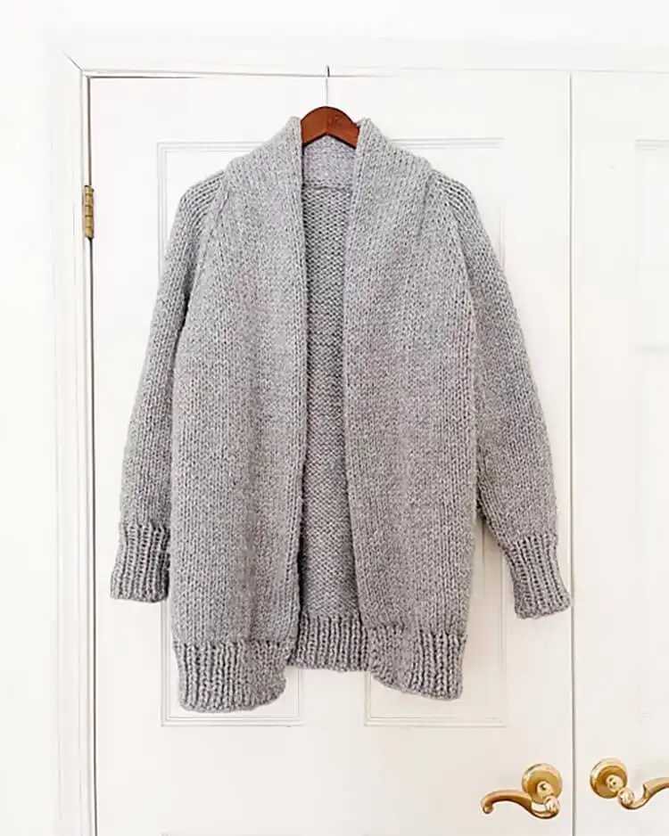 Openlands Shawl Collar Cardigan, a quicker project for advanced beginner knitters.