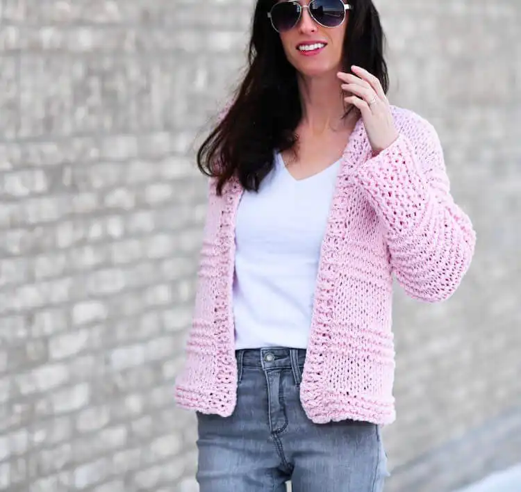 Soft and fluffy Cotton Candy Easy Cardigan, a great free pattern for beginners by Mama in a Stitch.