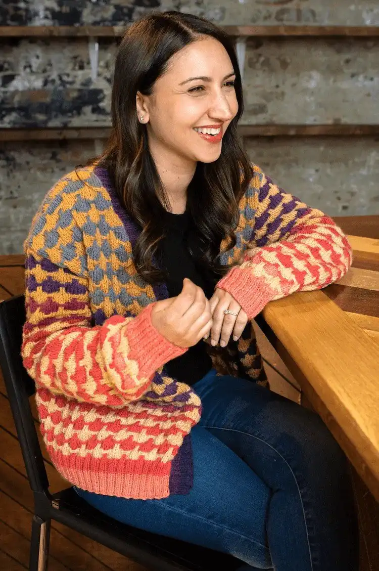 Maplewood Cardigan made with lightweight yarn, an intermediate-difficulty pattern for elegant drape.