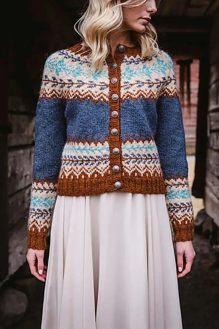 Cropped yoke Maja Cardigan with a modern Icelandic design twist, worn stylishly.
