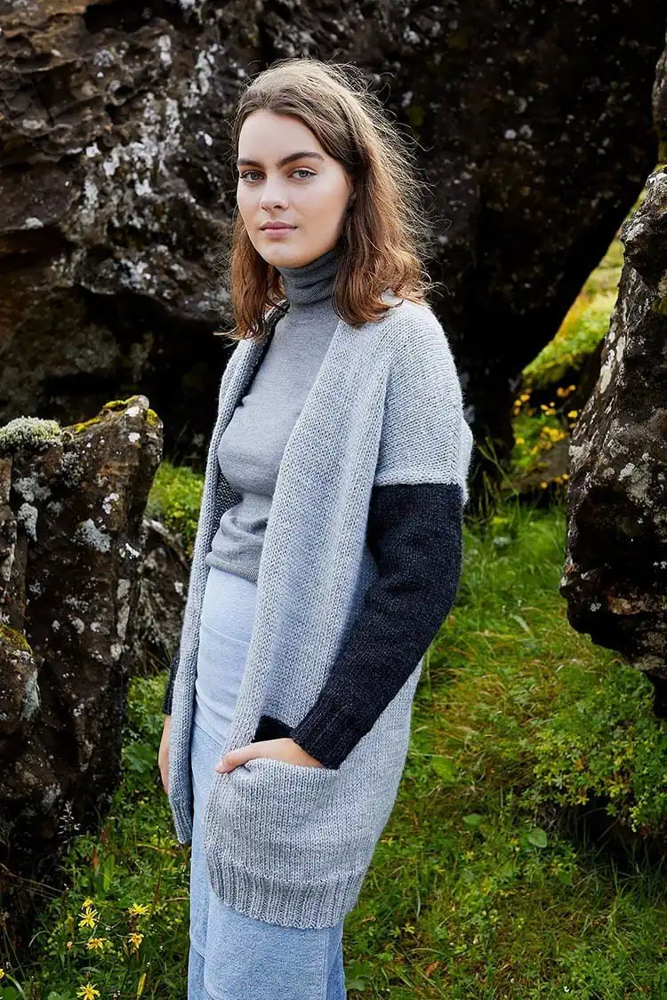Freya Cardigan in a medium-weight yarn, demonstrating an easy level of difficulty and classic style.