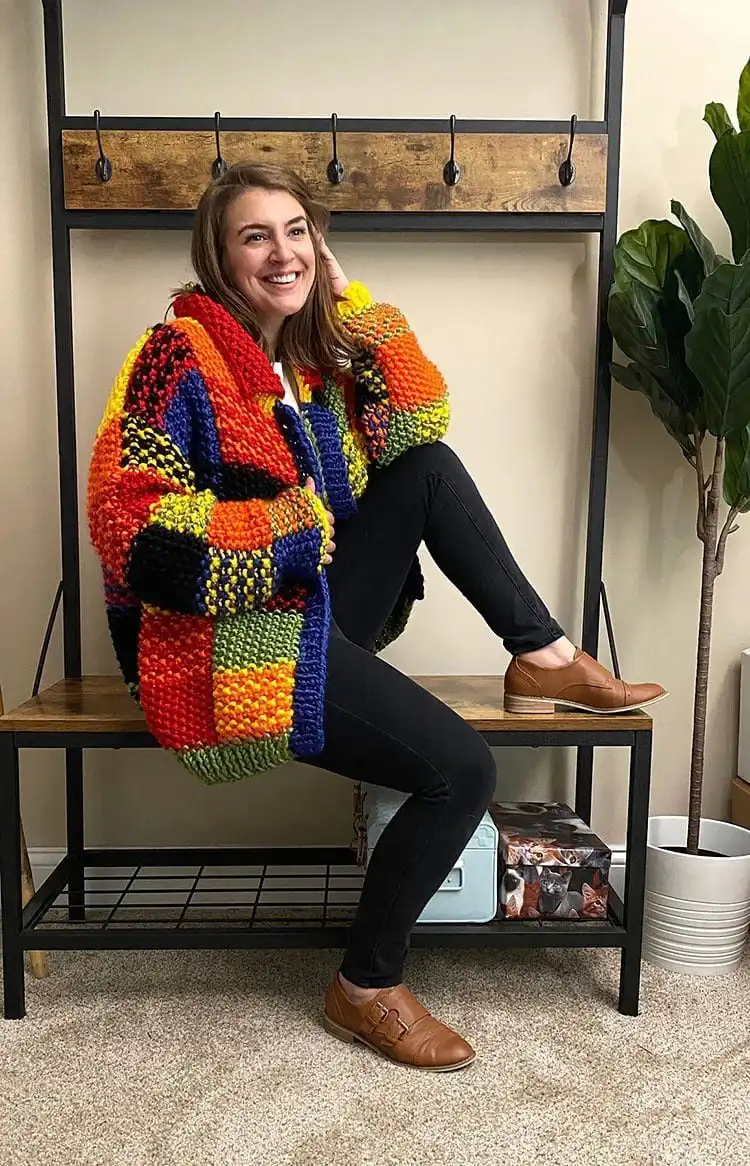 Star Style Cardigan featuring a charming patchwork design, suitable for beginner knitters.