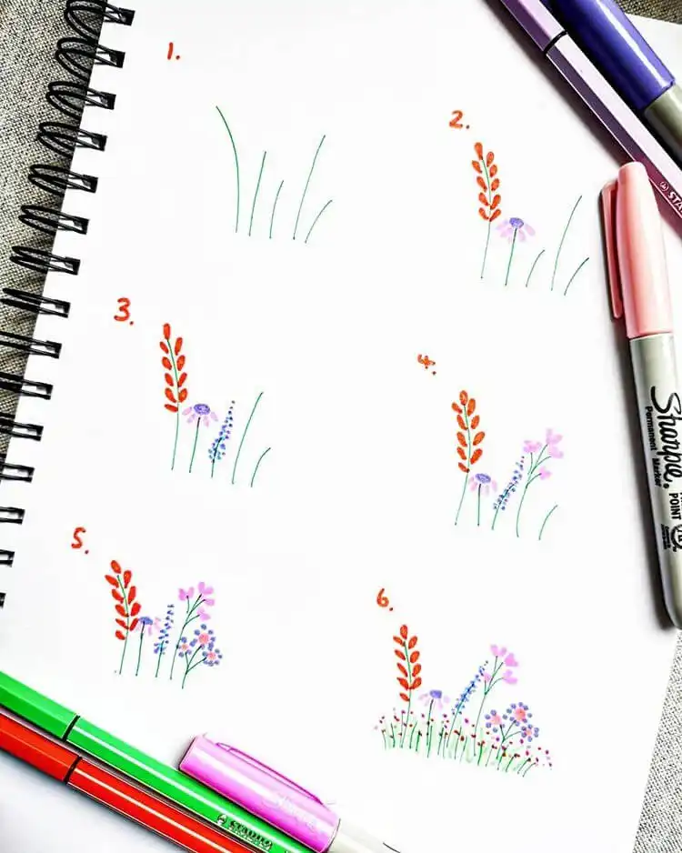Inspirational ideas for simple flower doodles with a charming color palette, perfect for quick sketches.