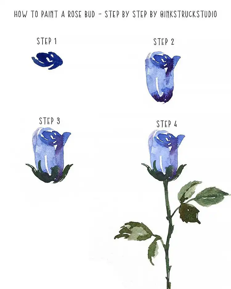 Step-by-step tutorial for painting a rose bud, perfect for new watercolor artists.