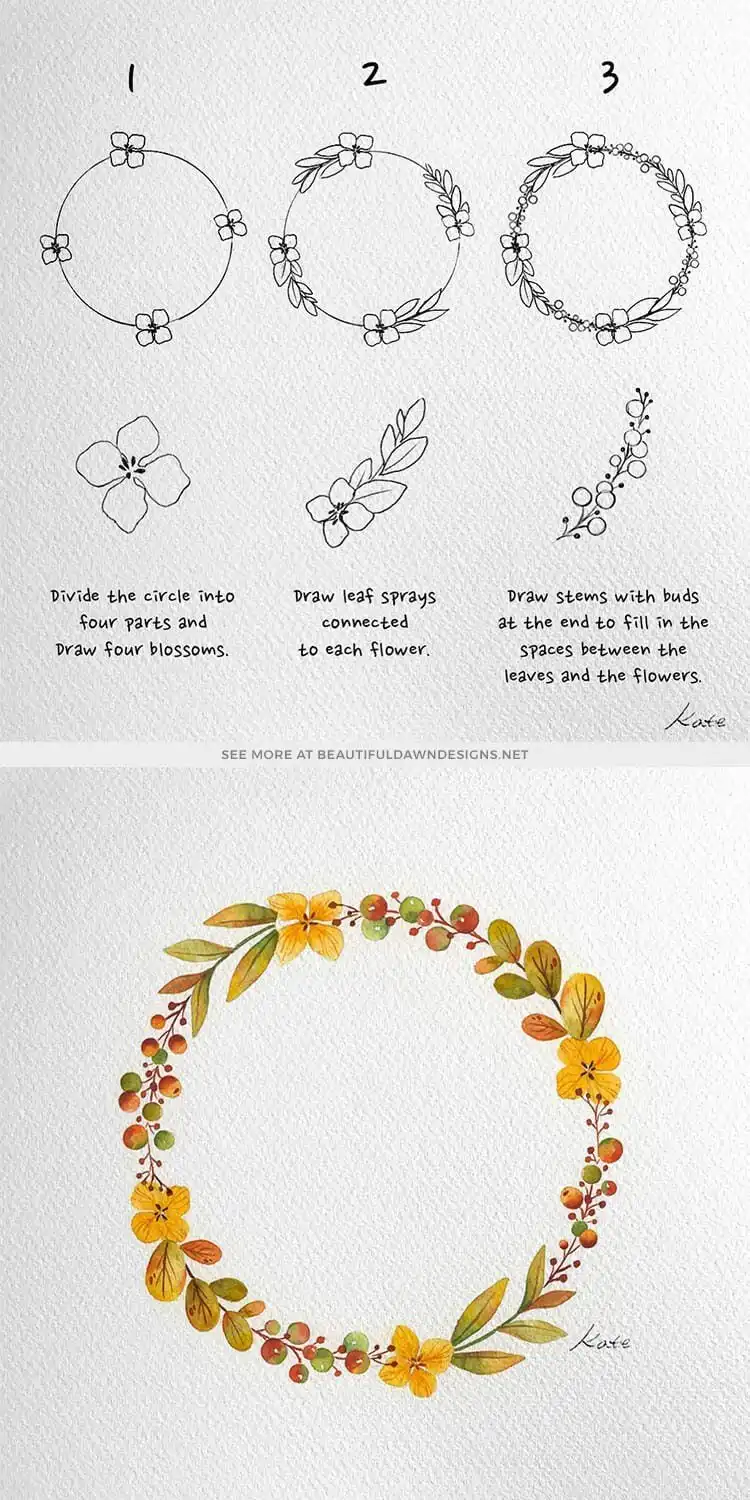 Tutorial on how to draw a decorative wreath, suitable for various seasons with customizable elements.