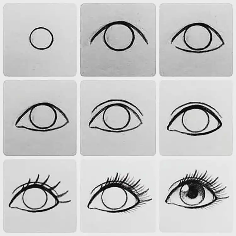 Step-by-step guide to Learn How to Draw Eyes, showing basic shapes progressing to a finished eye sketch.