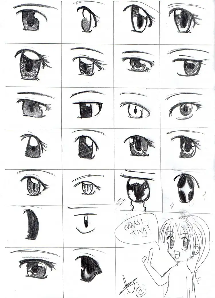 Tutorial for drawing eyes, nose, and lips, showing how facial features combine for a full face.