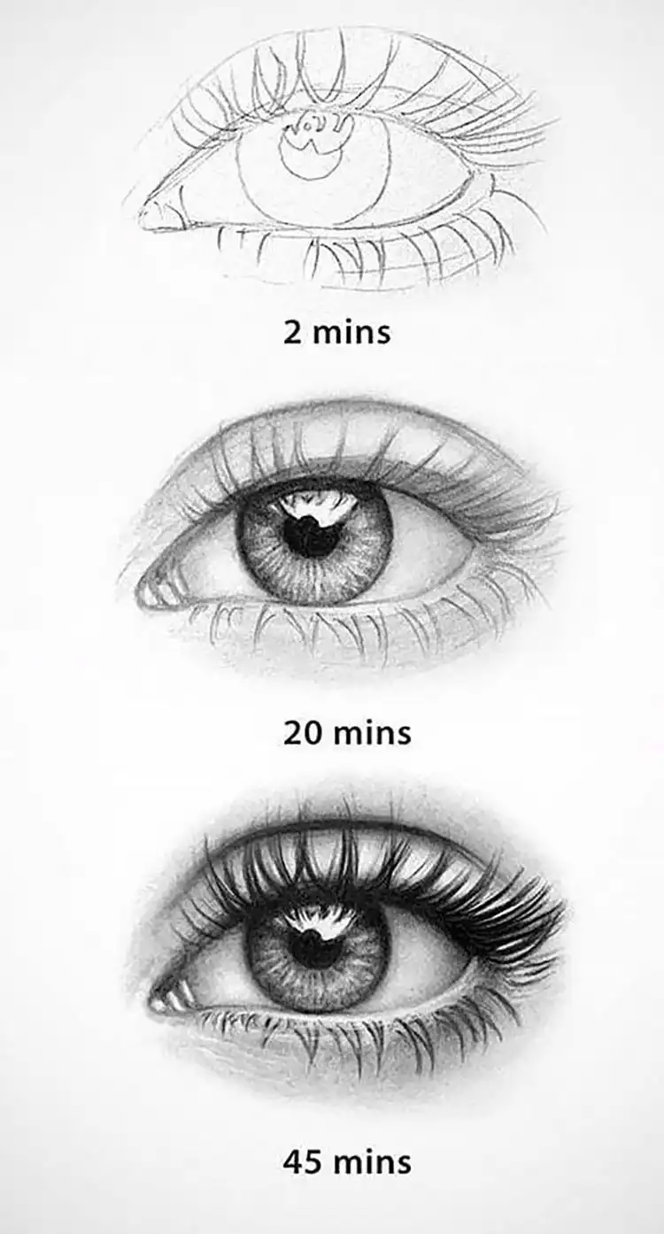 Drawing eyes with detailed lashes, emphasizing realism and depth through intricate eyelash rendering.